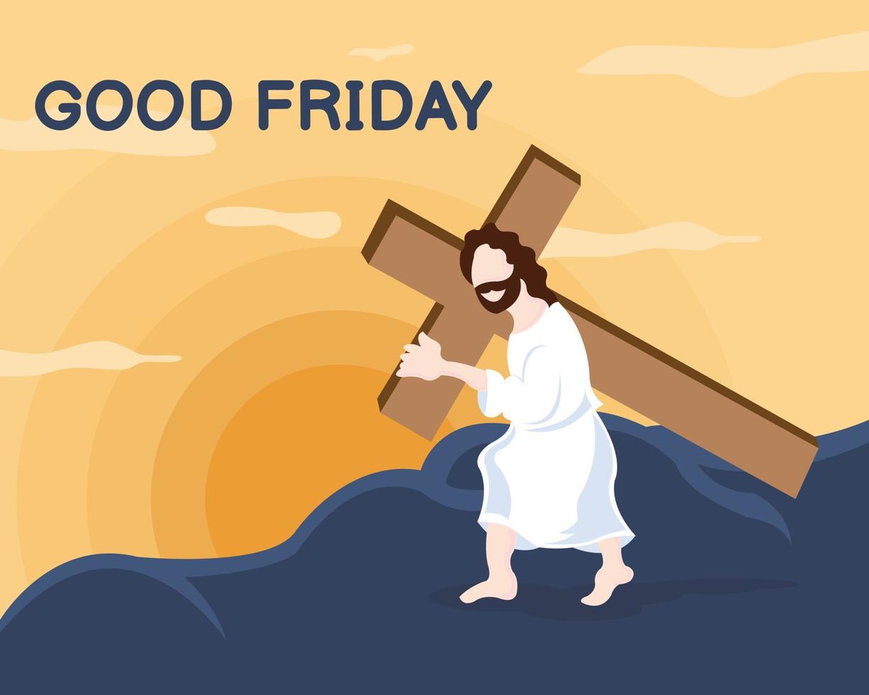 illustration vector graphic of Jesus is carrying a big cross on his shoulders, perfect for religion, holiday, culture, greeting card, etc.
