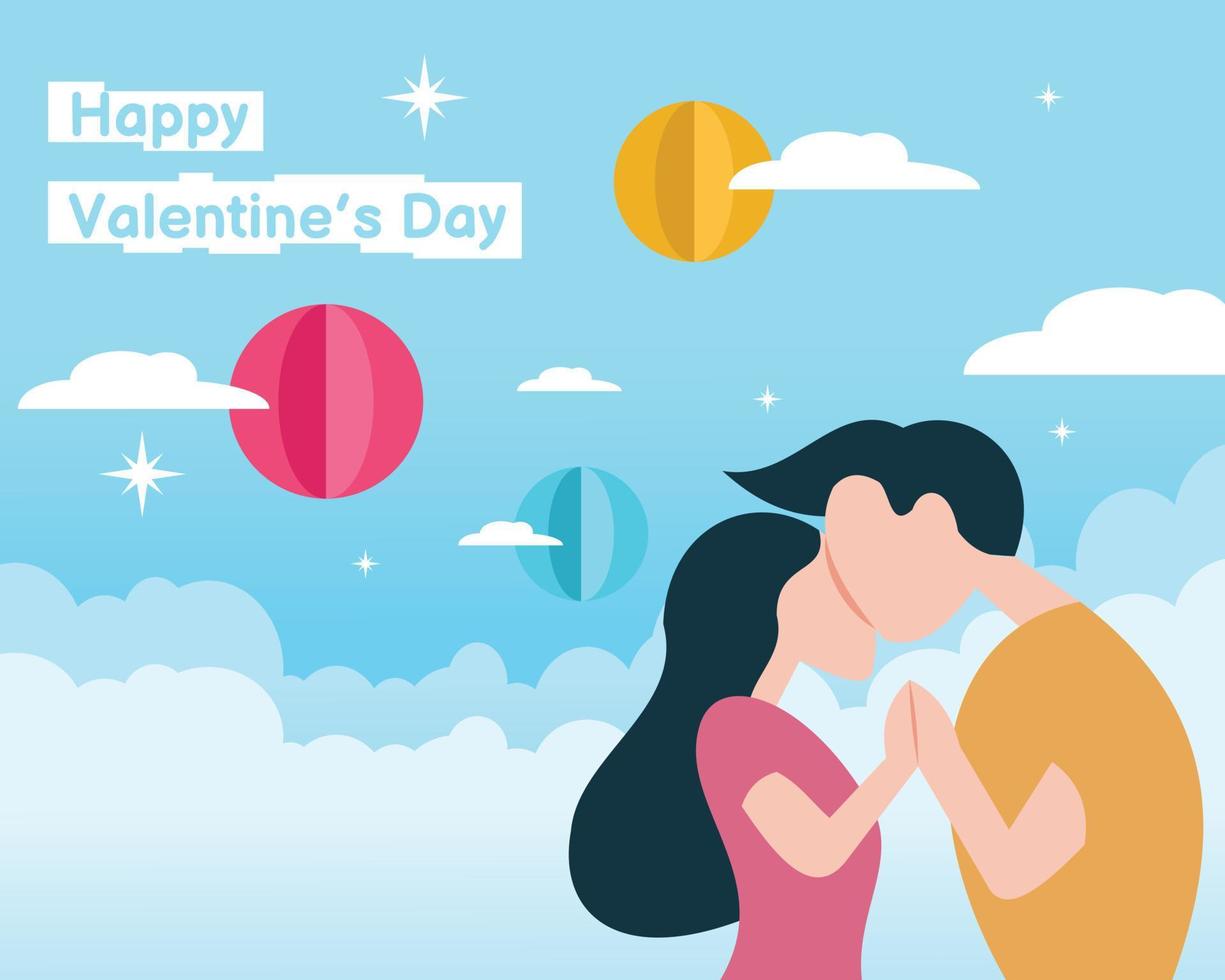 illustration vector graphic of couple holding hands on blue cloud background, showing three flying balloons, perfect for holiday, religion, culture, valentine, greeting card, etc