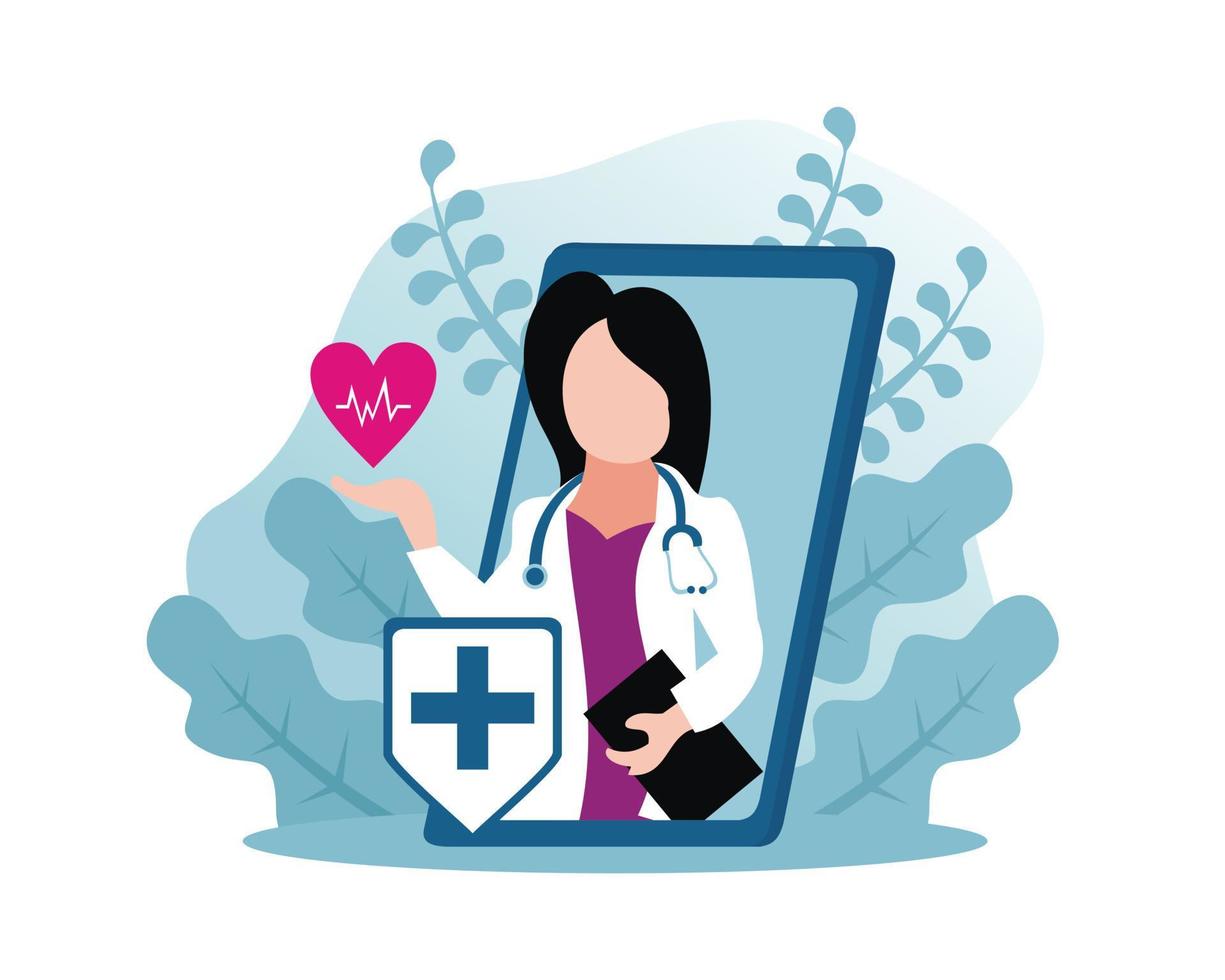 illustration vector graphic of female doctor holding heartbeat from inside smartphone monitor, displaying plus sign shield, perfect for medical, pharmacy, hospital, healthy, etc.