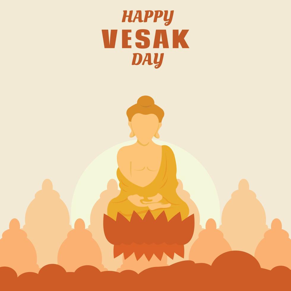 illustration vector graphic of the buddha is sitting on a floating lotus flower, showing the temple and the sunset, perfect for religion, holiday, culture, vesak day, greeting card, etc.