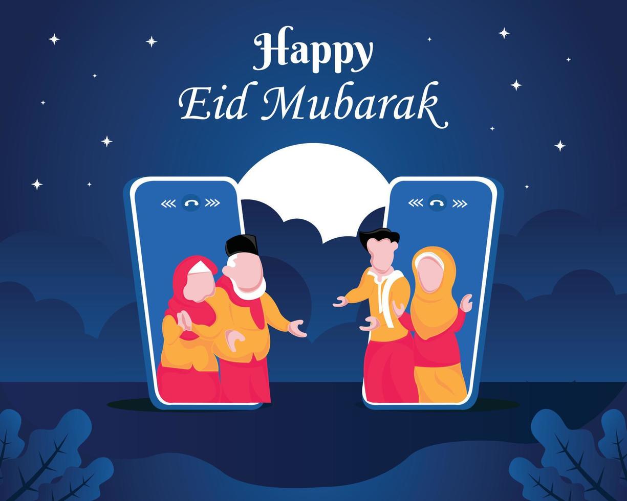 illustration vector graphic of a family is on a video call on a smartphone device, showing moonlight at night, perfect for religion, holiday, culture, tradition, greeting card, etc.