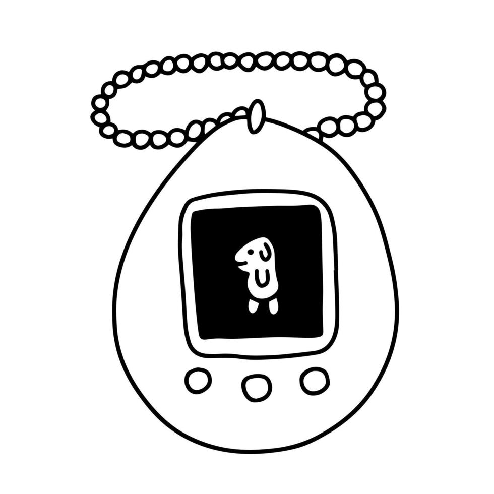 Vector doodle retro tamagotchi with puppy. Old fashion 90's game for children tamagotchi isolated