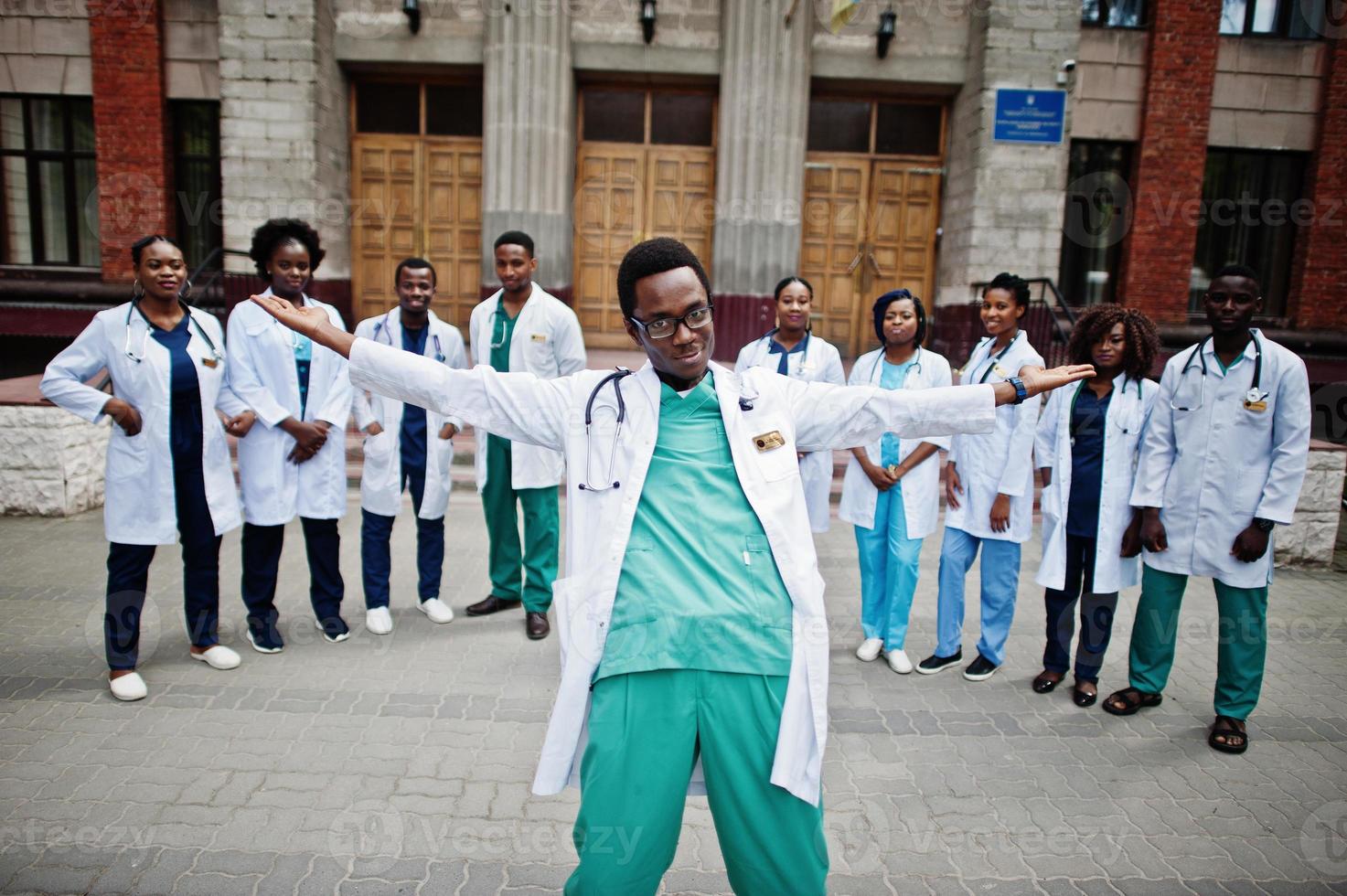 Group of african doctors students near medical university outdoor. photo