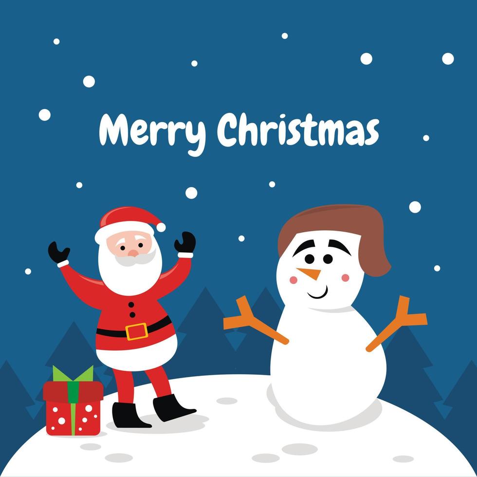 illustration vector graphic of santa claus is happy with snowman while bringing gifts at night, showing snowfall, perfect for religion, christmas, church, greeting card, etc.