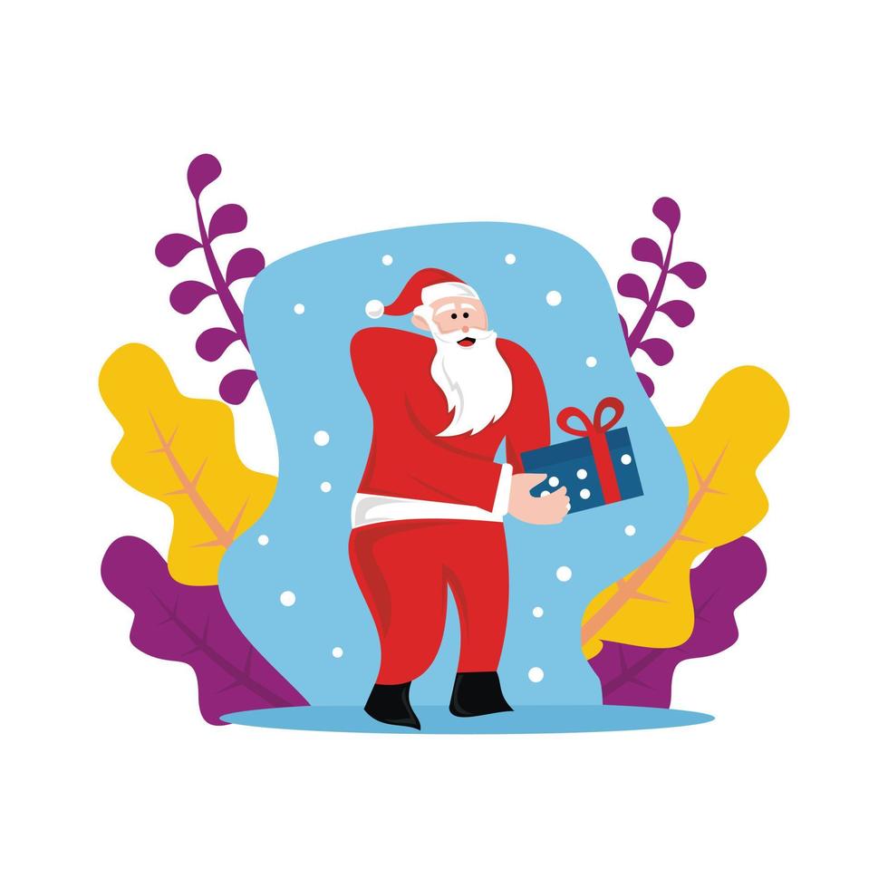 illustration vector graphic of Santa Claus is carrying a blue Christmas gift box, perfect for christmas, religion, church, holiday, greeting card, etc.