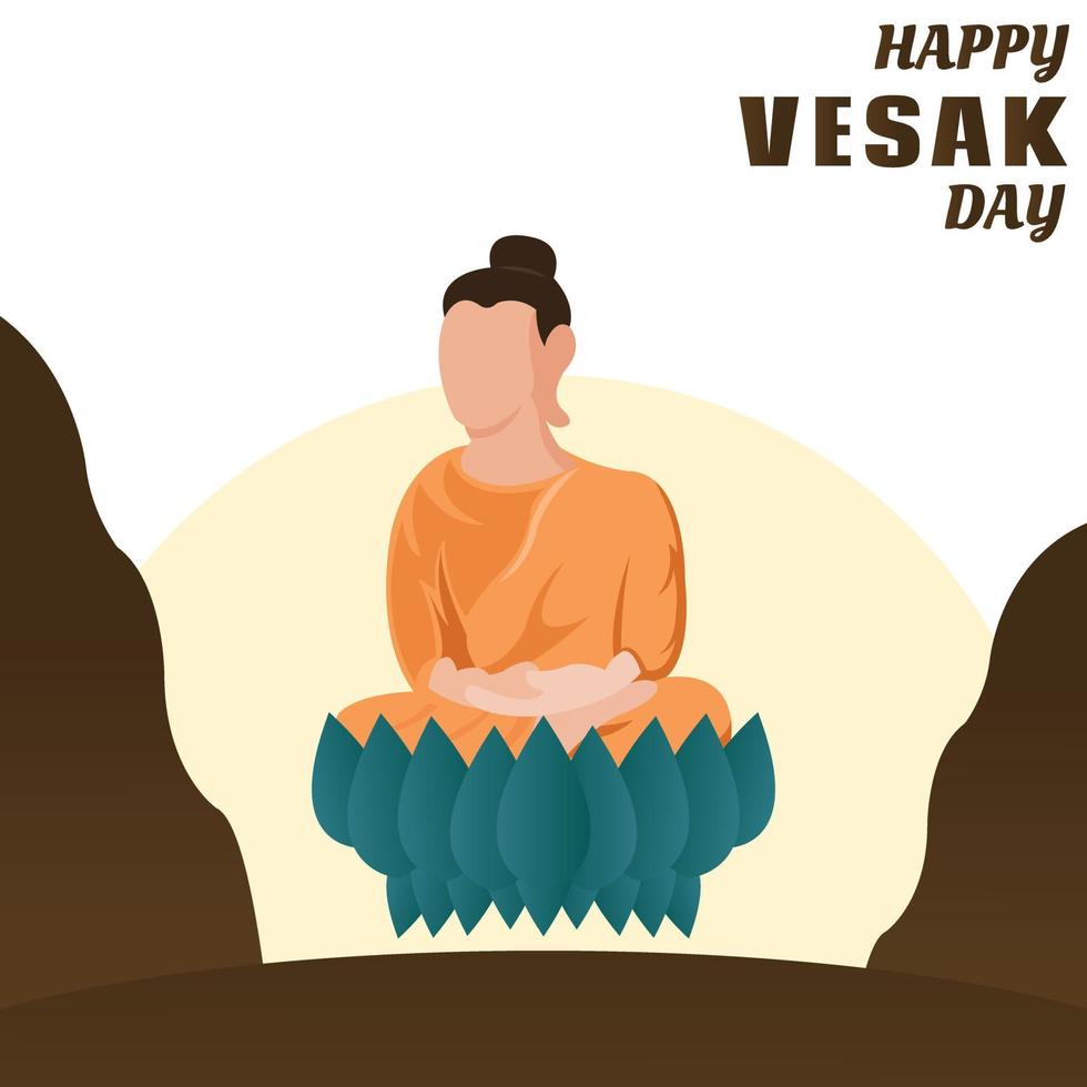 illustration vector graphic of the buddha is meditating on a lotus flower, showing a high cliff in the background, perfect for religion, holiday, culture, vesak day, greeting card, etc.