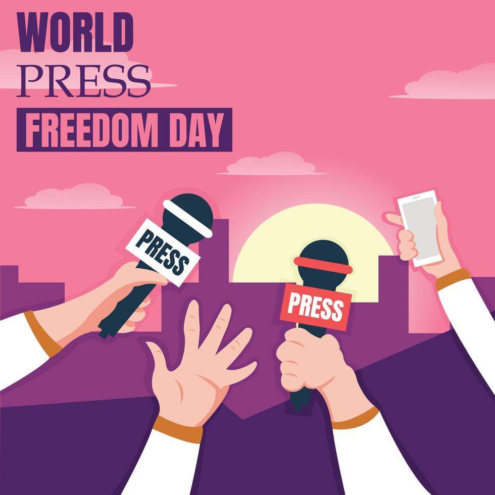 ilustración gráfica vectorial de cuatro manos sosteniendo el micrófono y el teléfono inteligente utilizados para la entrevista, perfecto para el día mundial de la libertad de prensa, celebración, tarjeta de felicitación, etc. vector