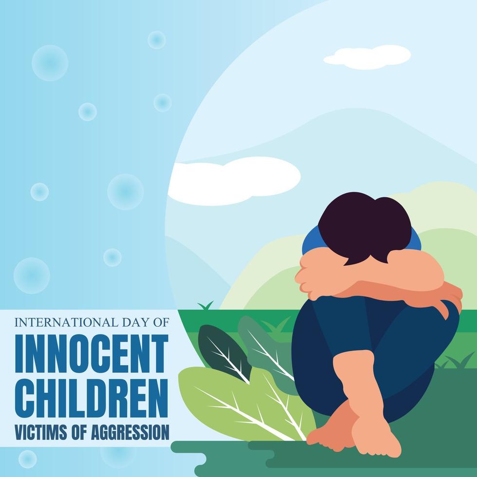 illustration vector graphic of sad boy sitting pensively in the garden, overlooking the mountains, perfect for international day innocent children victims of aggression, celebrate, greeting card, etc.