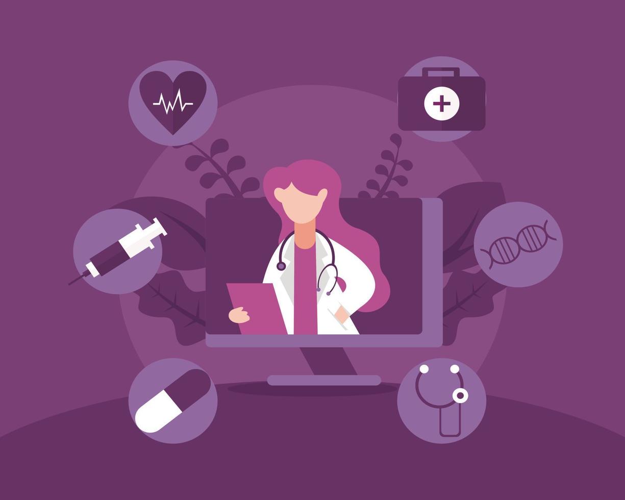 ilustración vectorial gráfica doctora sosteniendo un libro en la pantalla del monitor, rodeada de equipo médico, perfecta para médicos, farmacia, hospital, salud, etc. vector