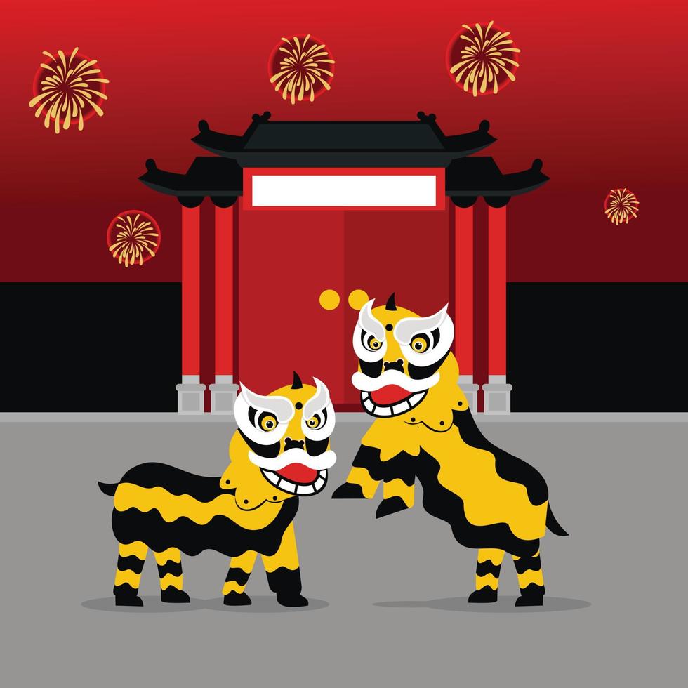 ilustración gráfica vectorial de dos actuaciones de danza del león frente a la puerta de china, perfecta para el día chino, religión, festividad, cultura, tarjeta de felicitación, etc. vector