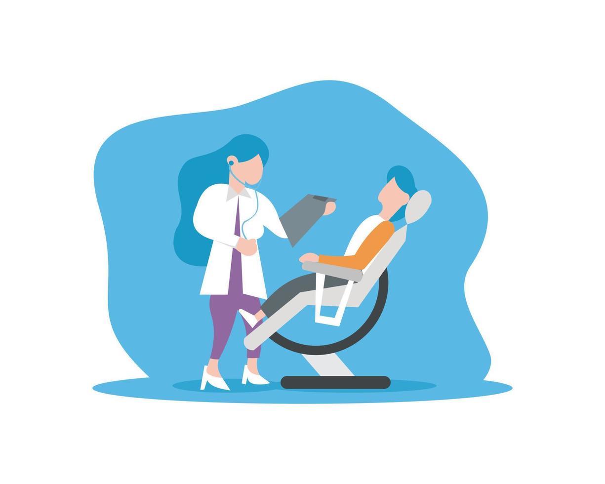 illustration vector graphic of a doctor is examining a patient on the examination chair, perfect for medical, health, pharmacy, hospital, etc.