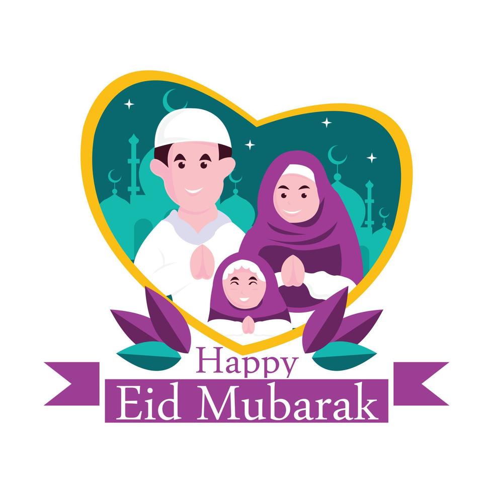 el gráfico vectorial ilustrativo de la familia le desea un feliz eid al-fitr, perfecto para la religión, las vacaciones, la cultura, la tradición, la tarjeta de felicitación, etc. vector