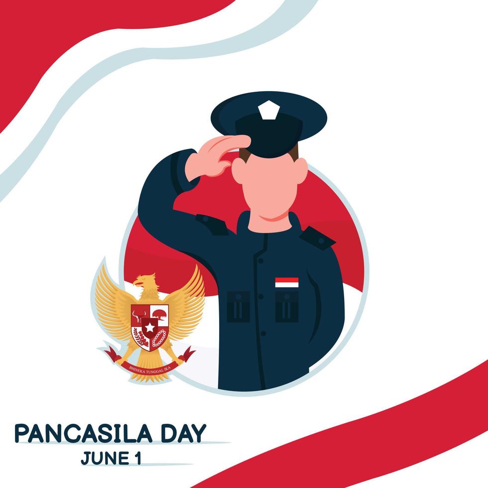 illustration vector graphic of a soldier saluting the flag, displaying the symbol of the garuda pancasila, perfect for pancasila day, celebrate, nation, greeting card, etc.