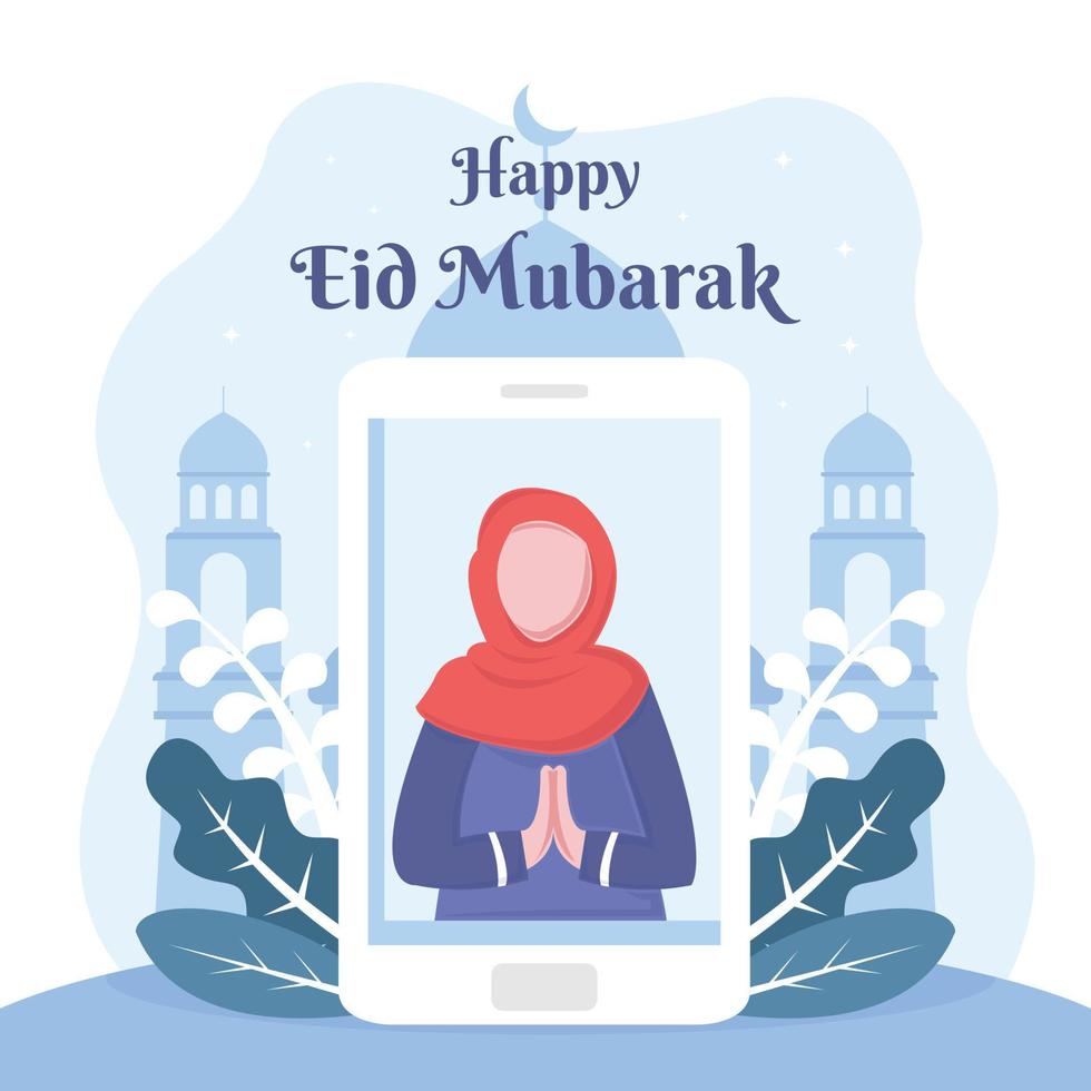 el gráfico vectorial ilustrativo de una mujer desea un feliz eid al-fitr con una videollamada en un dispositivo de teléfono inteligente, perfecto para la religión, las vacaciones, la cultura, la tradición, la tarjeta de felicitación, etc. vector