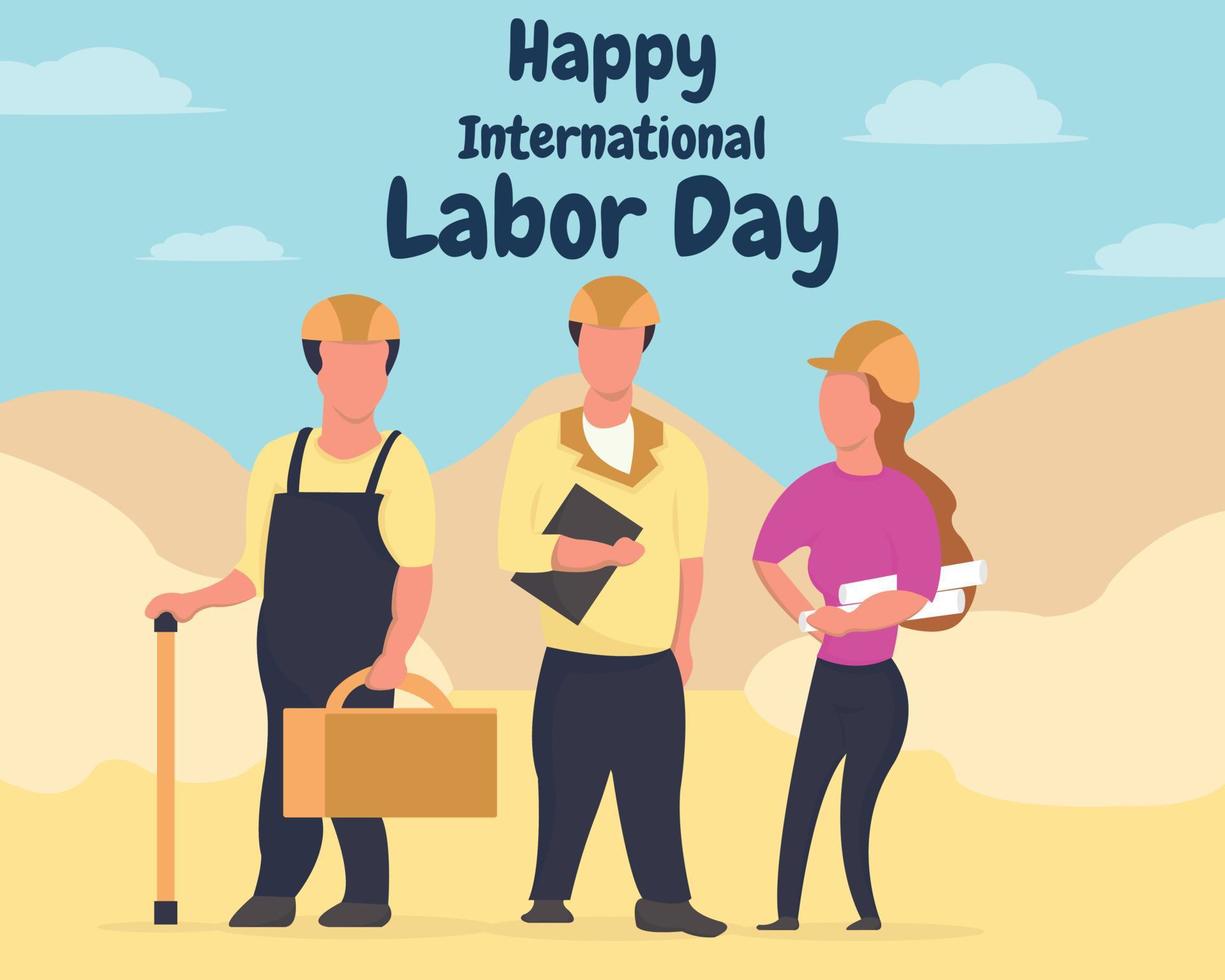 illustration vector graphic of three contractors standing in the middle of the field, perfect for celebration, labor day, greeting card, etc.