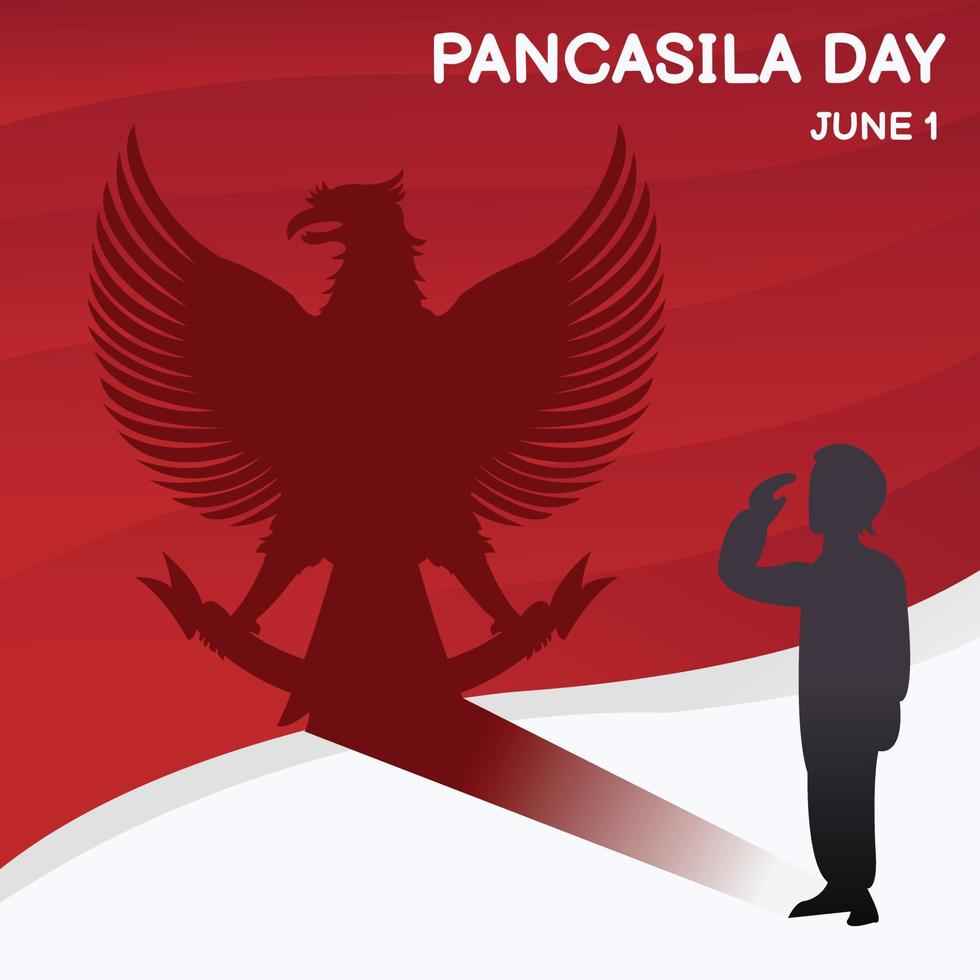 illustration vector graphic of silhouette saluting the flag, displaying the symbol of garuda pancasila, perfect for pancasila day, nation, celebrate, greeting card, etc.