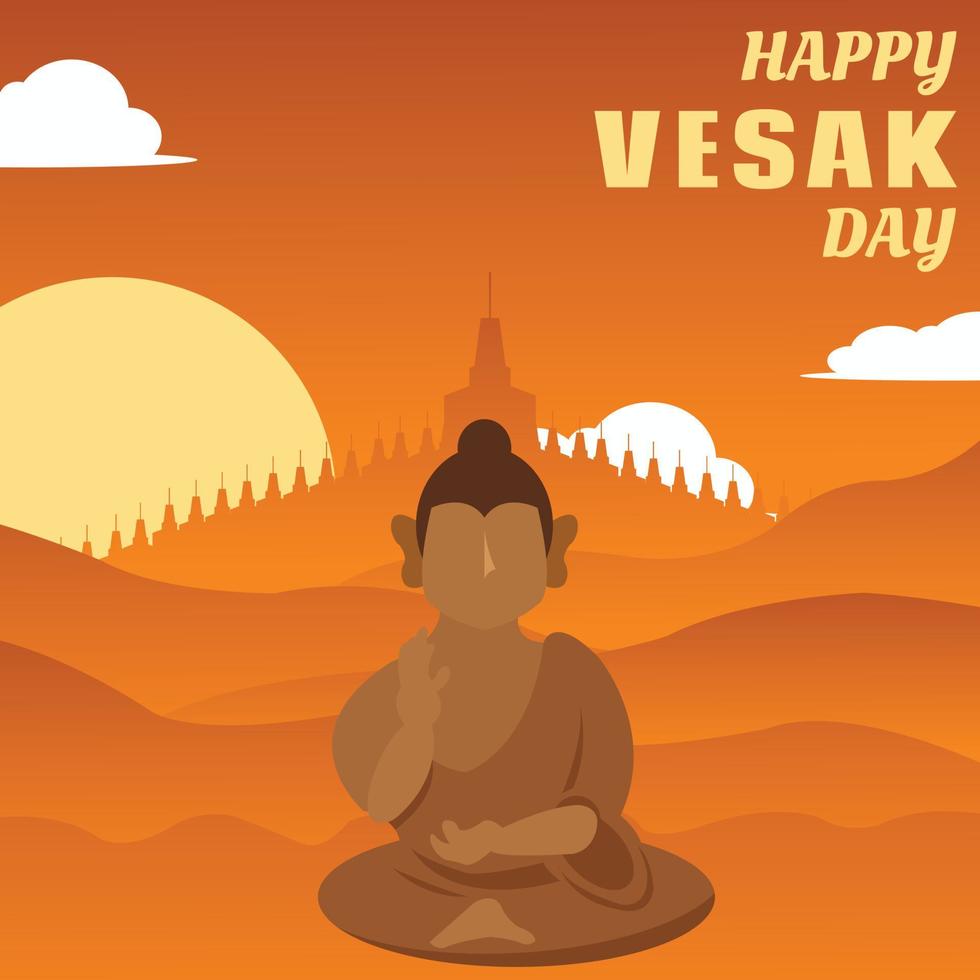 illustration vector graphic of Buddha is meditating in the afternoon, showing the background of the Borobudur temple, perfect for vesak day, celebrate, holiday, greeting card, etc.