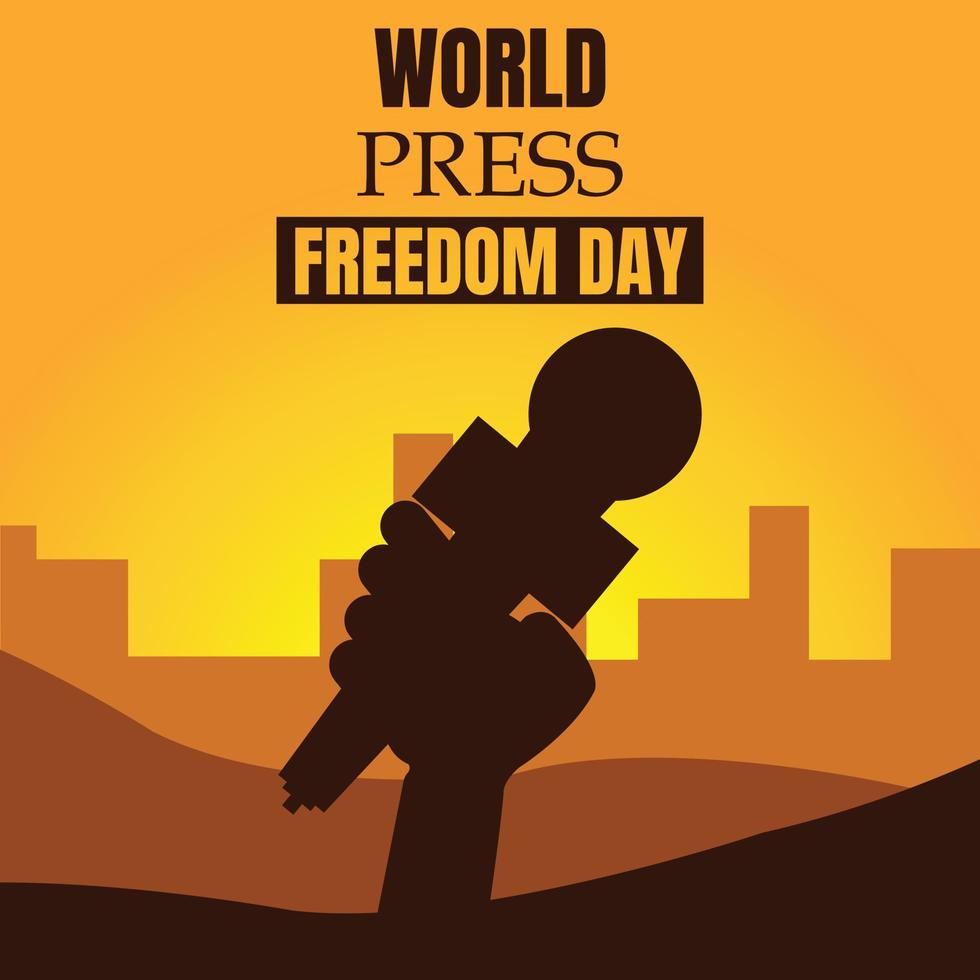 illustration vector graphic of hand holding the microphone in the late afternoon, perfect for world press freedom day, celebrate, greeting card, etc.