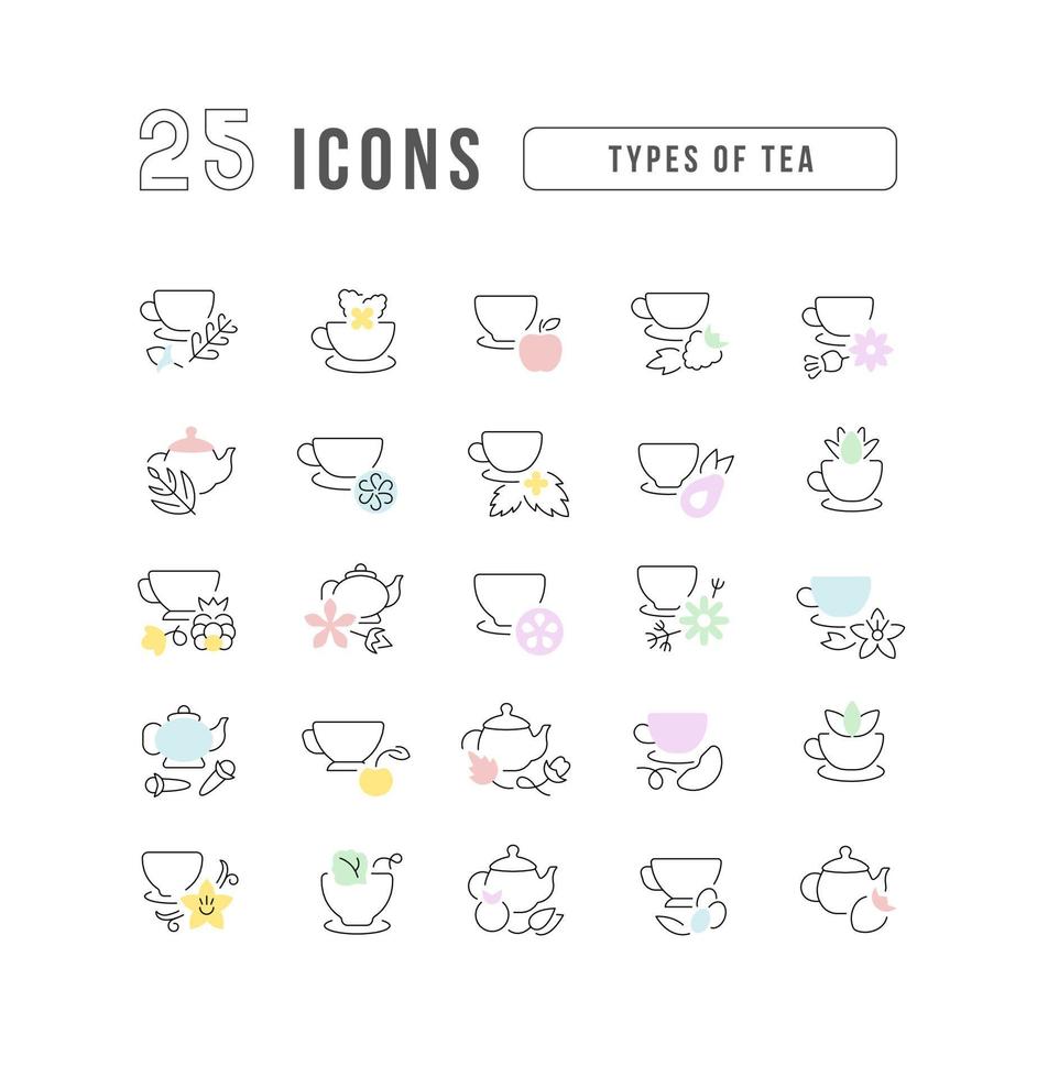 conjunto de iconos lineales de tipos de té vector