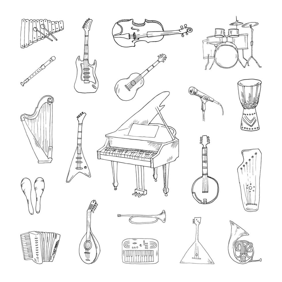 ilustraciones de instrumentos musicales en estilo art ink vector