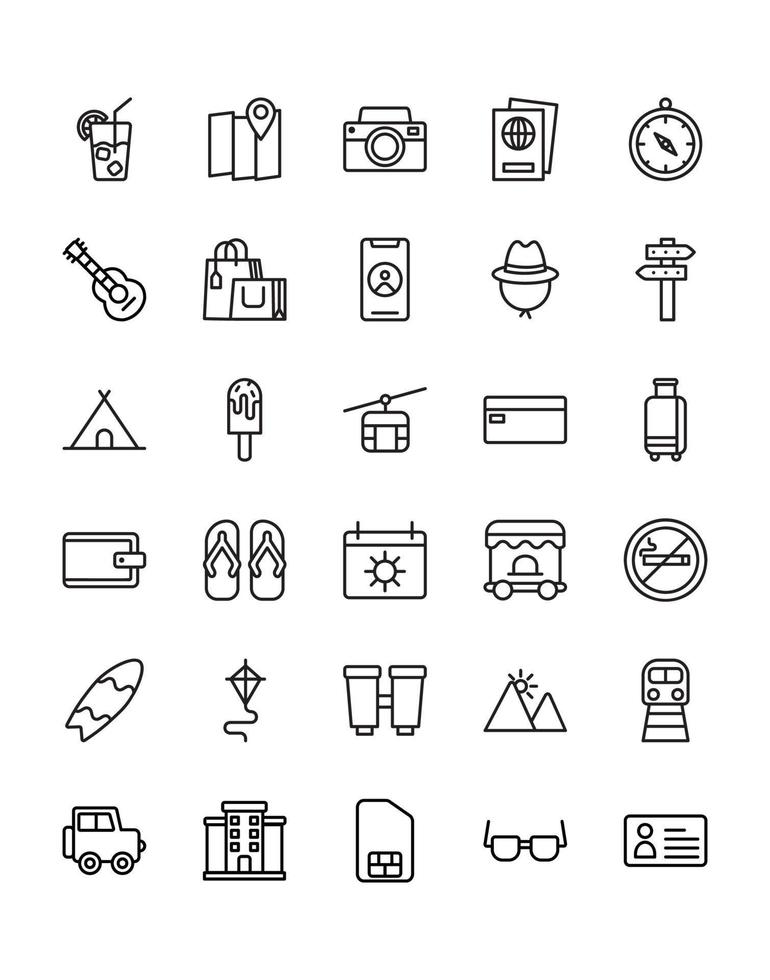 conjunto de iconos de viajes y vacaciones 30 aislado sobre fondo blanco vector