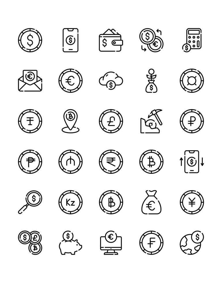 conjunto de iconos de moneda 30 aislado sobre fondo blanco vector
