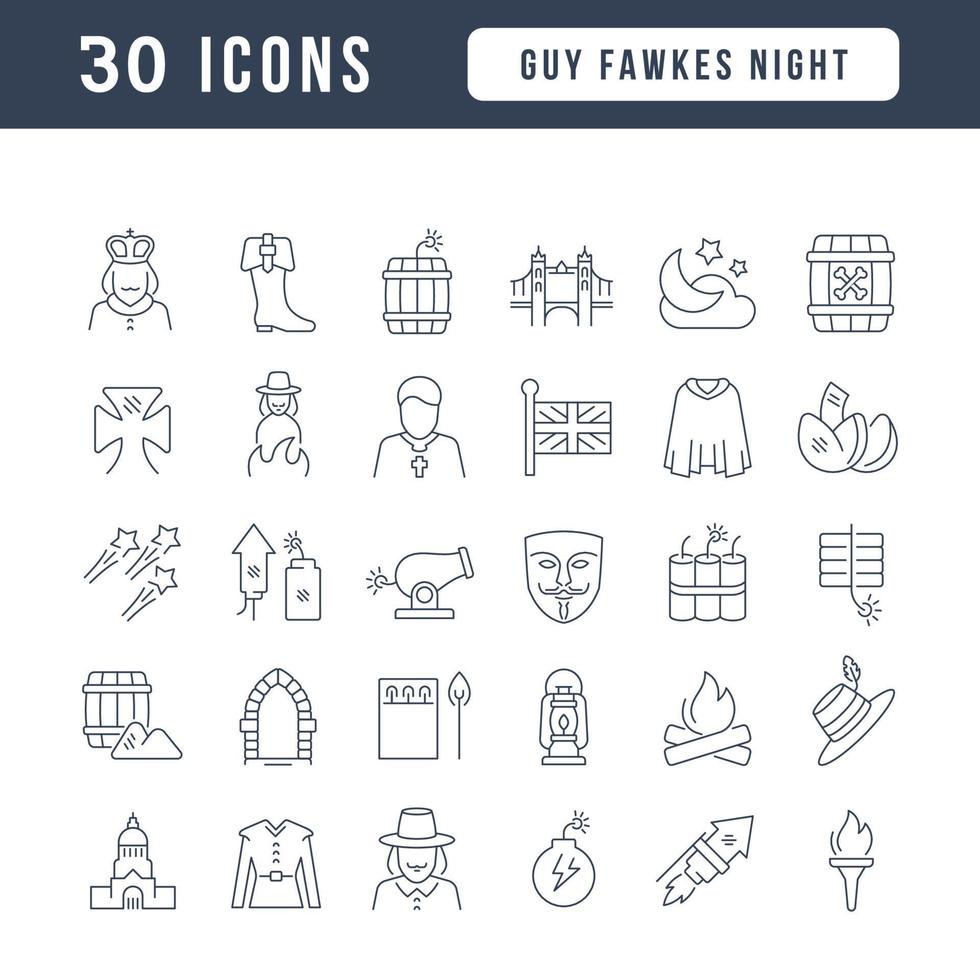 Set of linear icons of Guy Fawkes Night vector