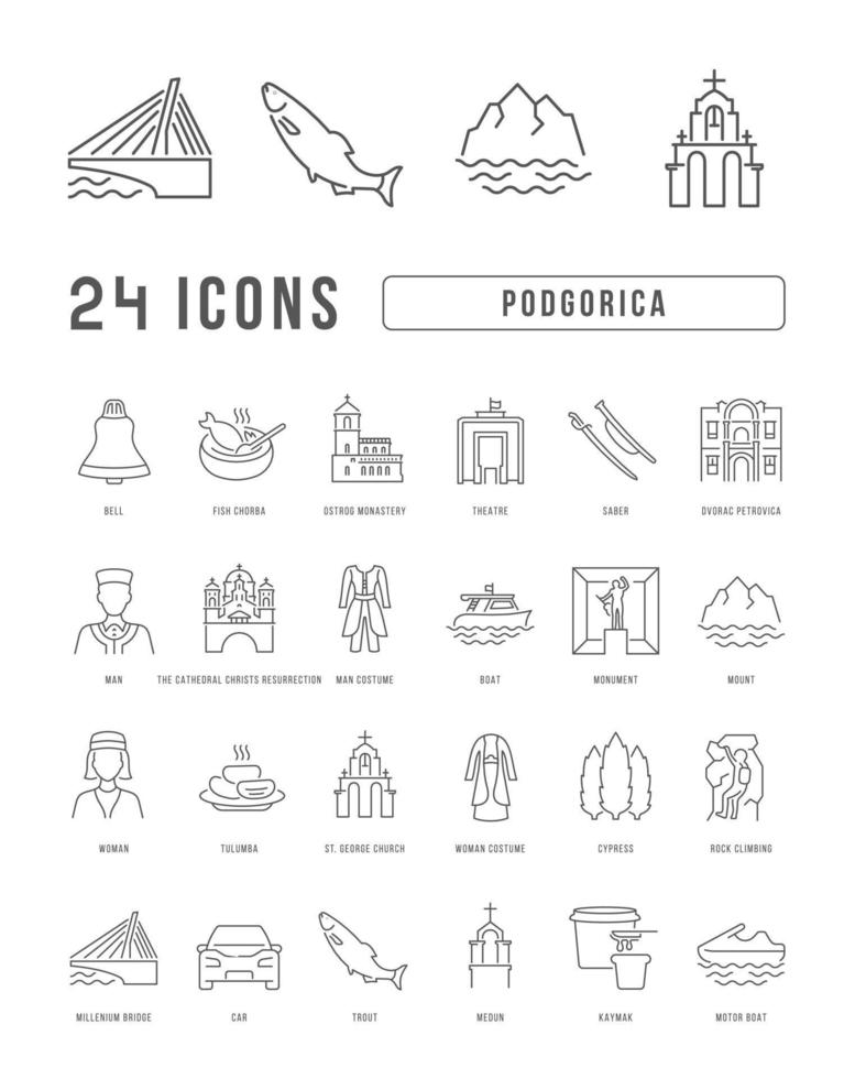 Set of linear icons of Podgorica vector