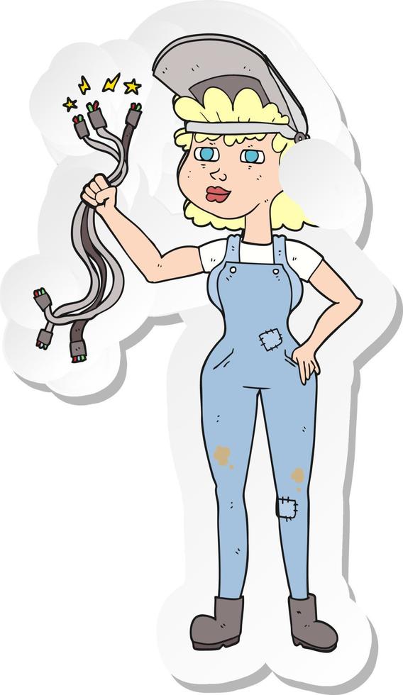retro distressed sticker of a cartoon electrician woman vector