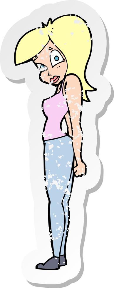 retro distressed sticker of a cartoon pretty woman vector