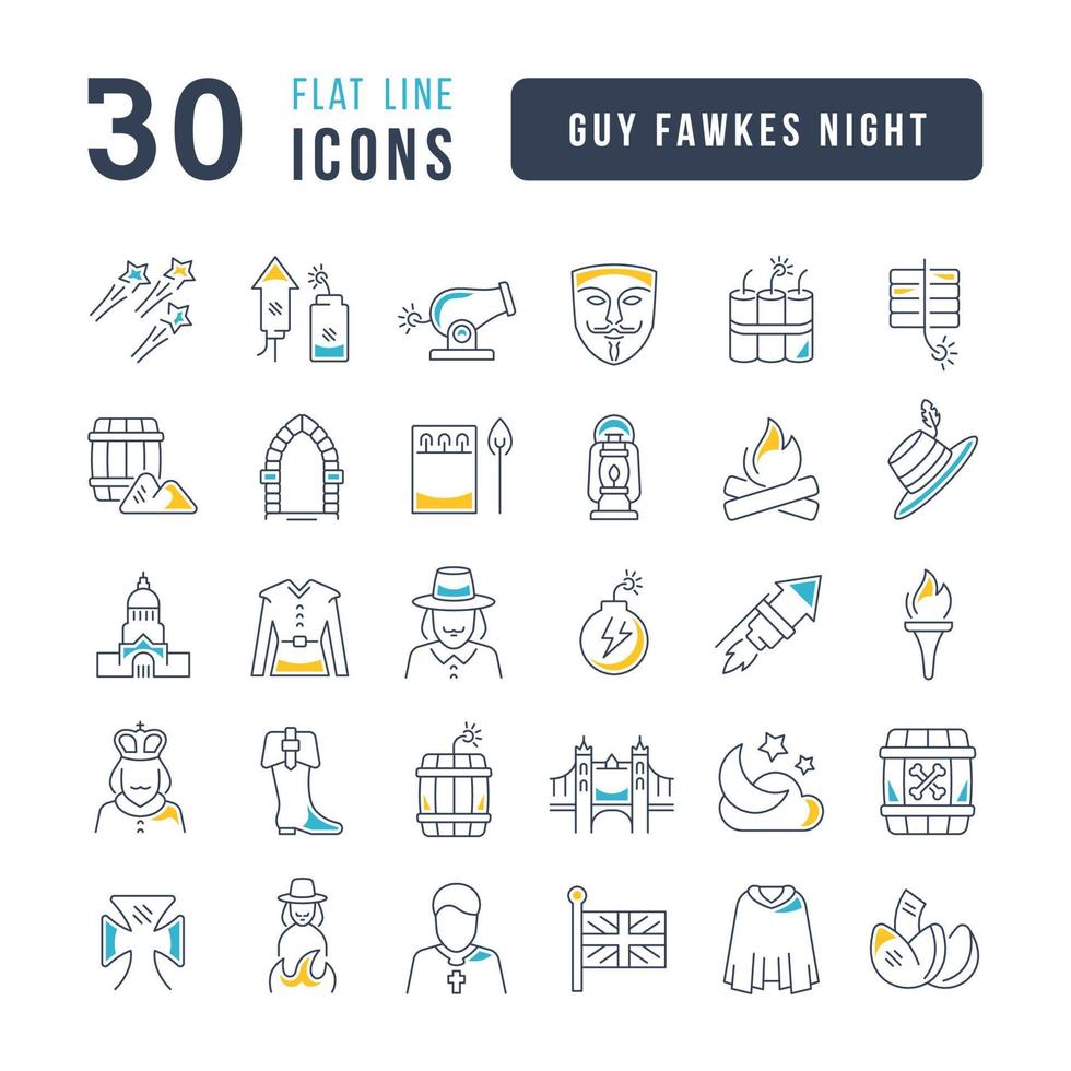 Set of linear icons of Guy Fawkes Night vector