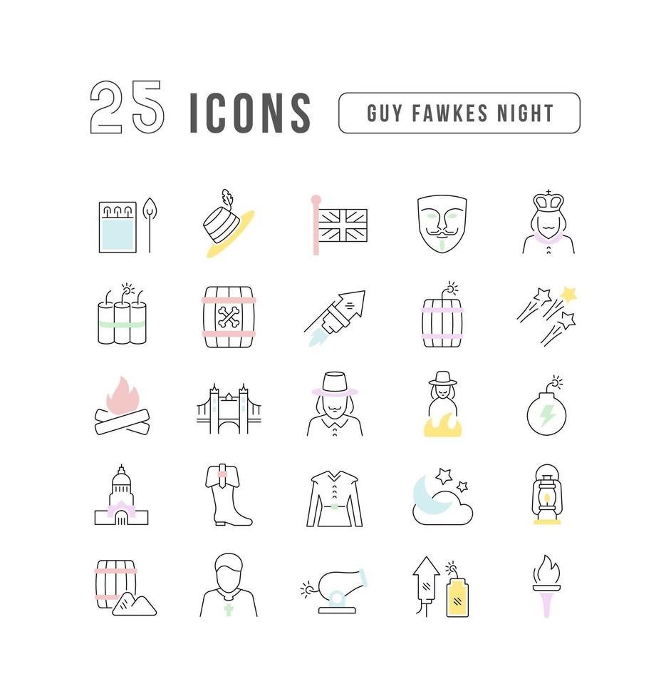 Set of linear icons of Guy Fawkes Night vector