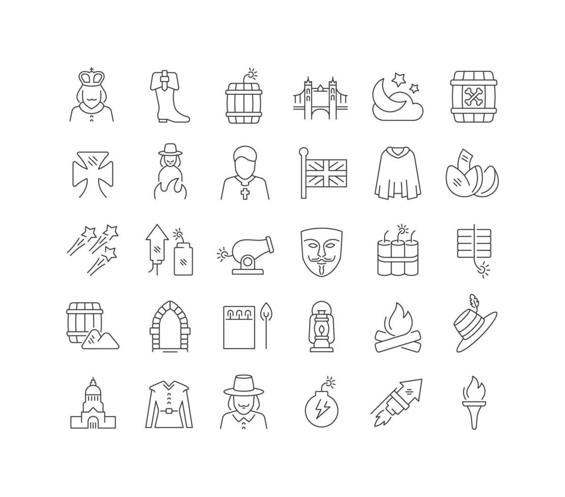 Set of linear icons of Guy Fawkes Night vector