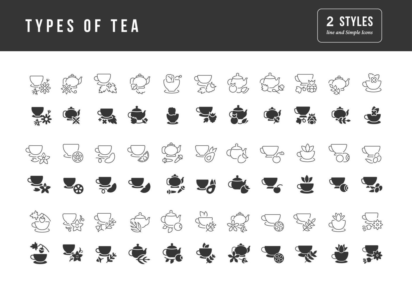 conjunto de iconos simples de tipos de té vector