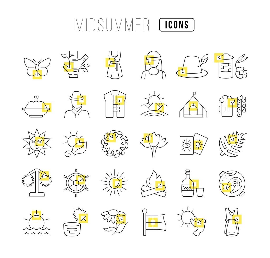 Set of linear icons of Midsummer vector