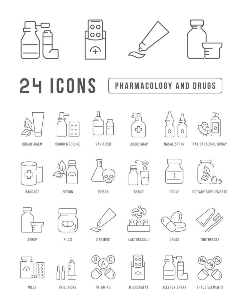 Set of linear icons of Pharmacology and Drugs vector