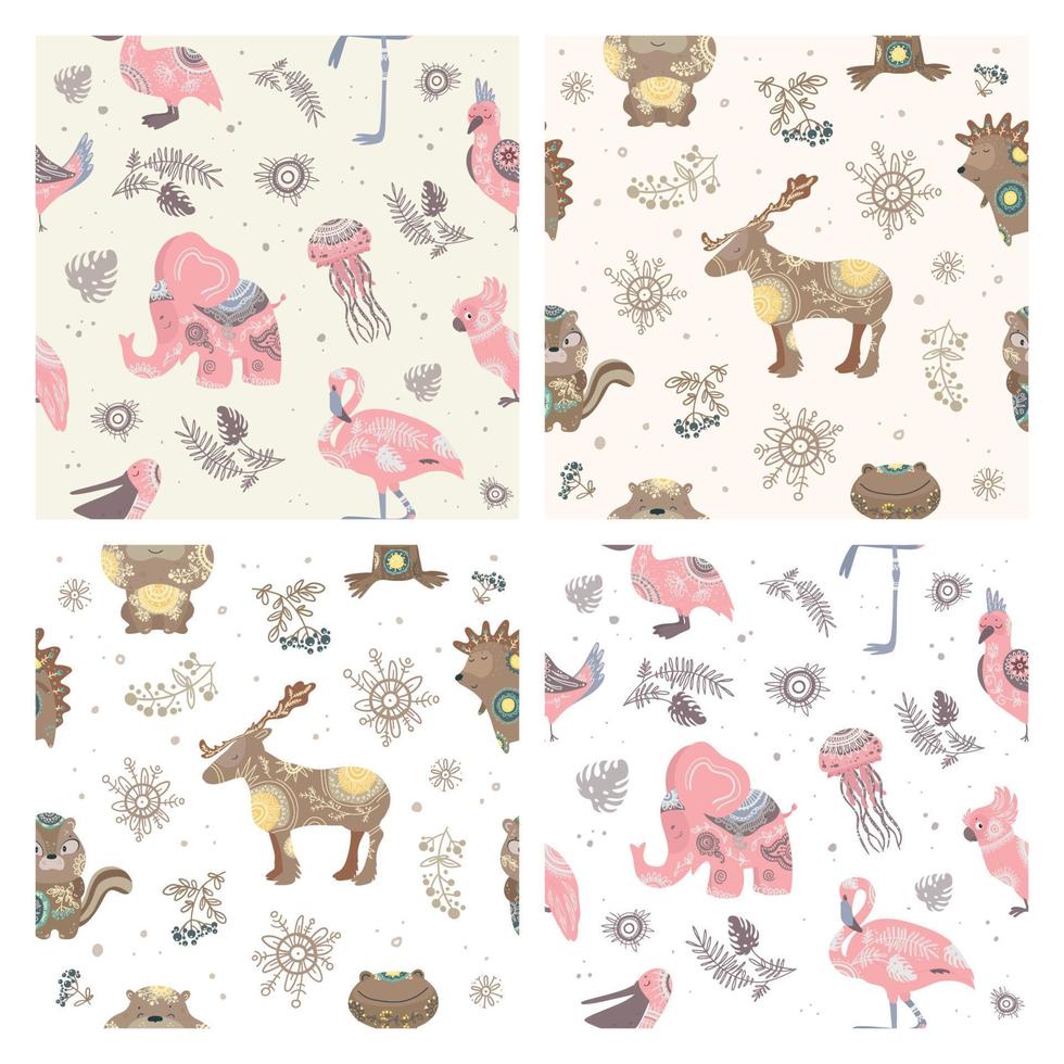 Seamless Patterns with Animals in Boho Style vector