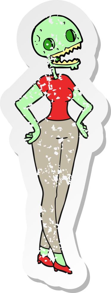 retro distressed sticker of a cartoon zombie woman vector