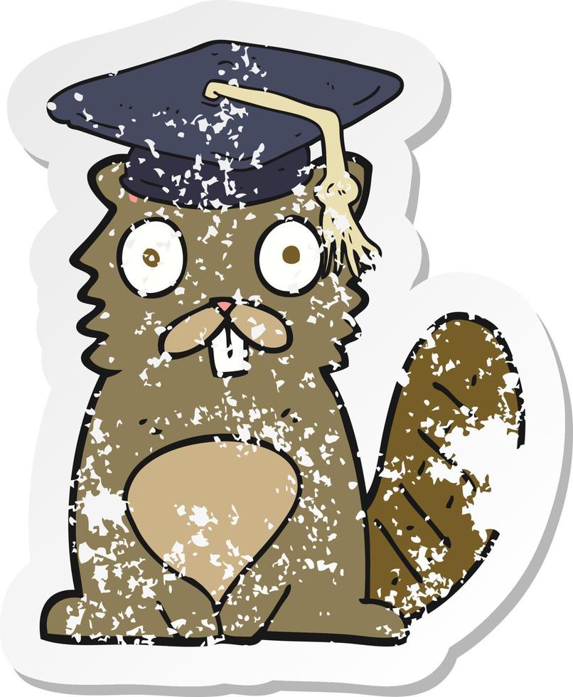 retro distressed sticker of a cartoon beaver graduate vector