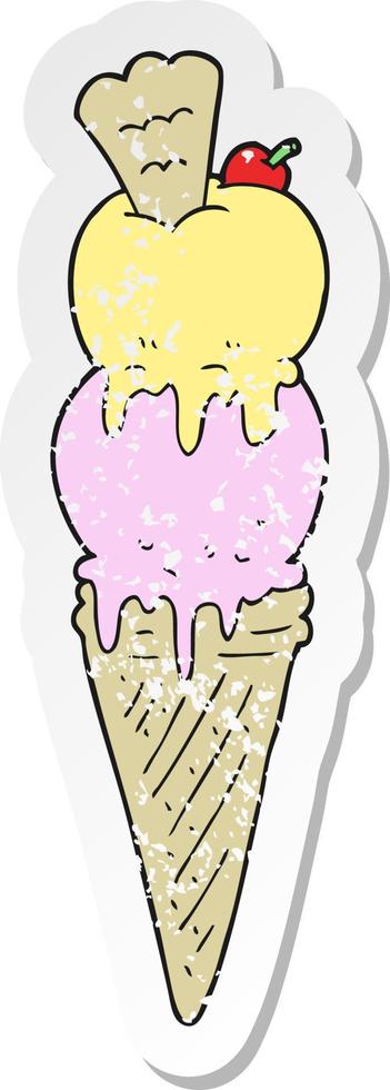 pegatina retro angustiada de un cono de helado de dibujos animados vector