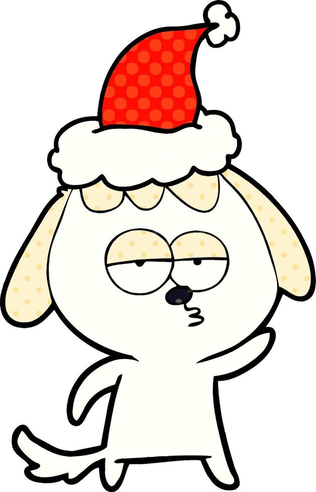 comic book style illustration of a bored dog wearing santa hat vector