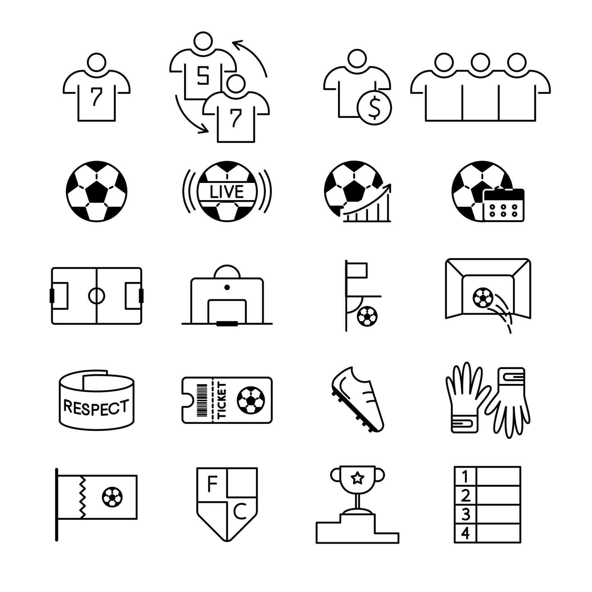 Soccer line icon set. Included the icons as ball, player, live