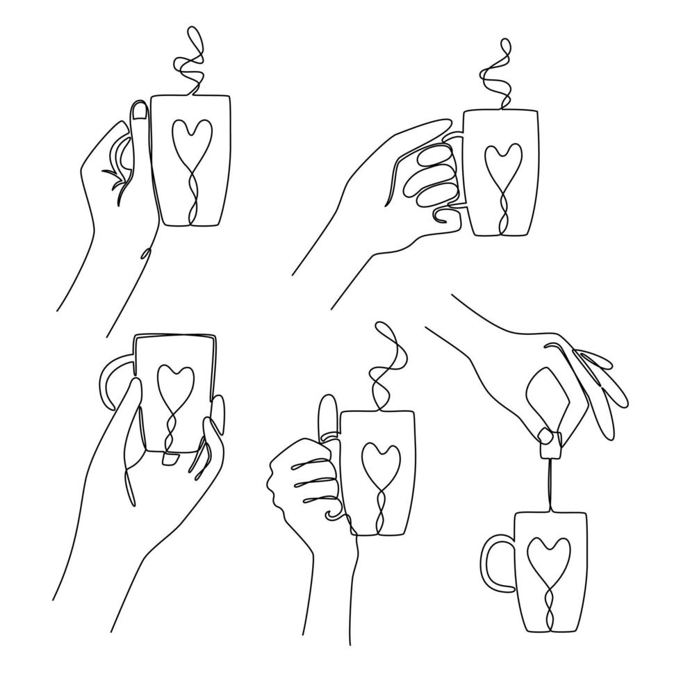 Set continuous line drawing of hands holding a cups of tea or coffee. Concept of a hot drink. Great for print, menu, card, invitation. Sketch, line art. Minimalist style. Vector illustration