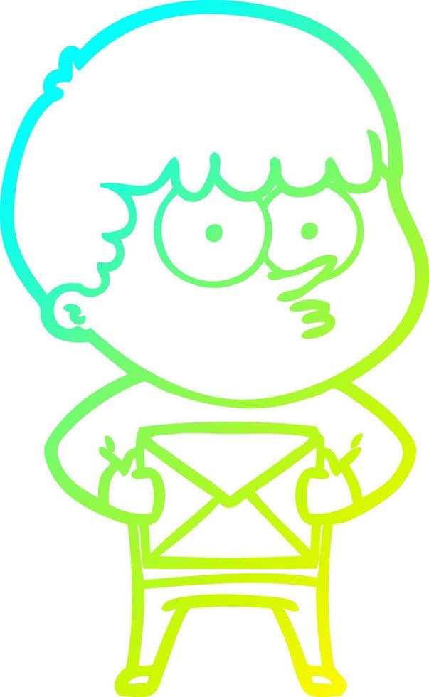 cold gradient line drawing cartoon curious boy carrying a gift vector