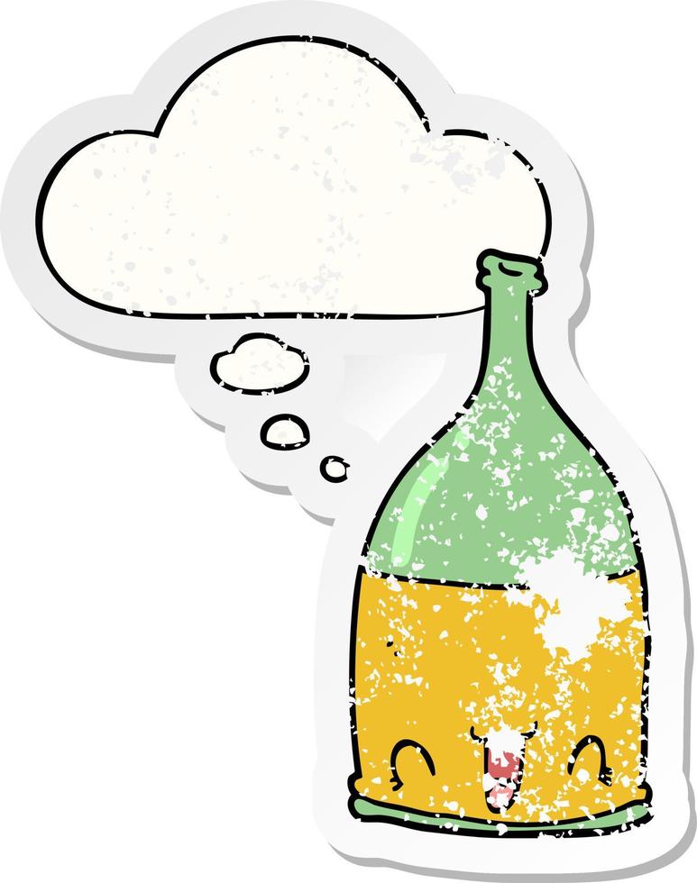 cartoon wine bottle and thought bubble as a distressed worn sticker vector