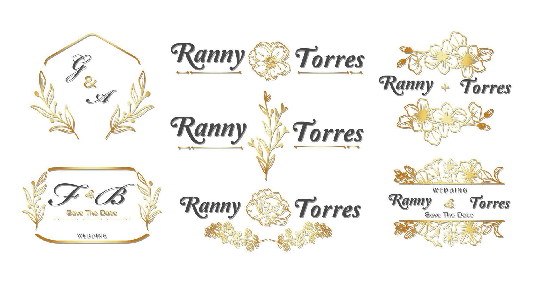 conjunto de decoración de marco dorado, diseño de caligrafía vintage y hoja floral con forma envolvente, plantilla de invitación, boda, tarjeta de saludo, etc. vector