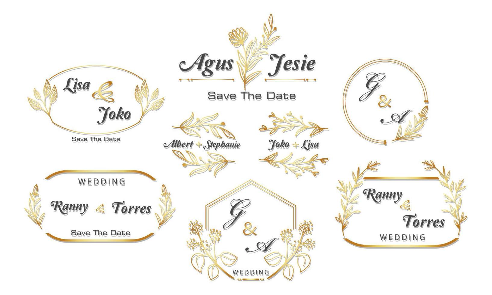 gold frame decor set, vintage calligraphy design and floral leaf with surround shape, invitation template, wedding, greeting card, etc. vector