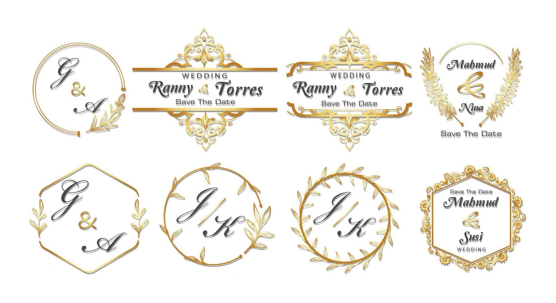 conjunto de decoración de marco dorado, diseño de caligrafía vintage y hoja floral con forma envolvente, plantilla de invitación, boda, tarjeta de felicitación, etc. vector