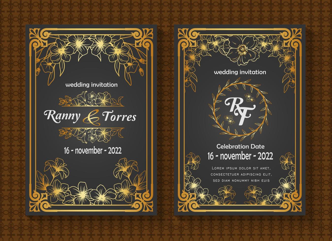 beautiful and luxurious wedding invitation card template, border pattern frame design, floral and leaf line decoration, on black background vector