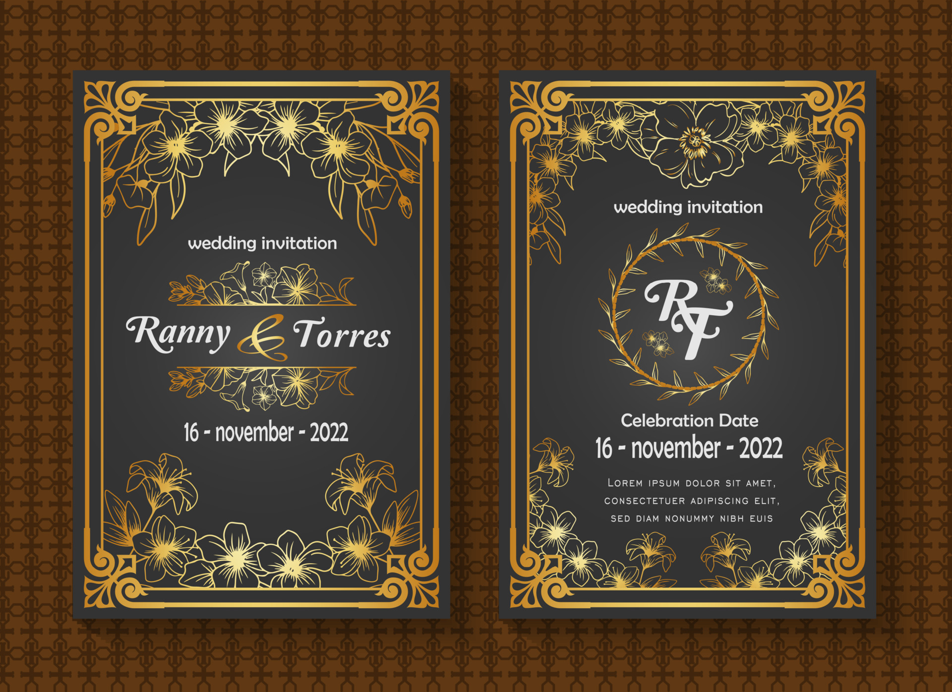 beautiful and luxurious wedding invitation card template, border pattern  frame design, floral and leaf line decoration, on black background 10563444  Vector Art at Vecteezy